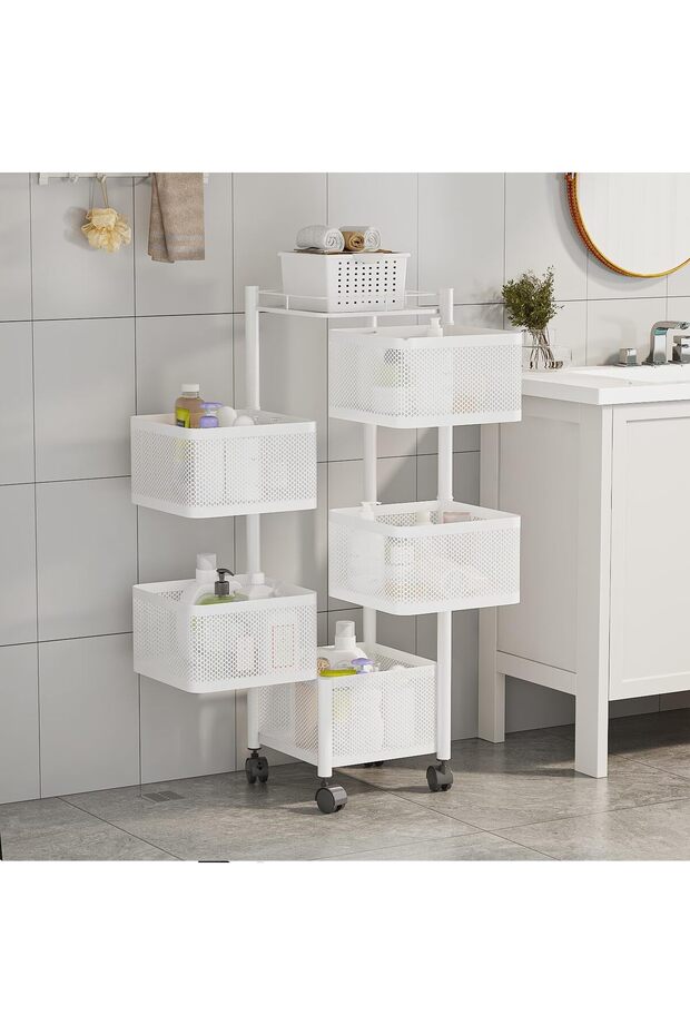 5 Layer Bathroom Organiser Basket, Square, White With Wheels, 5 Layer
