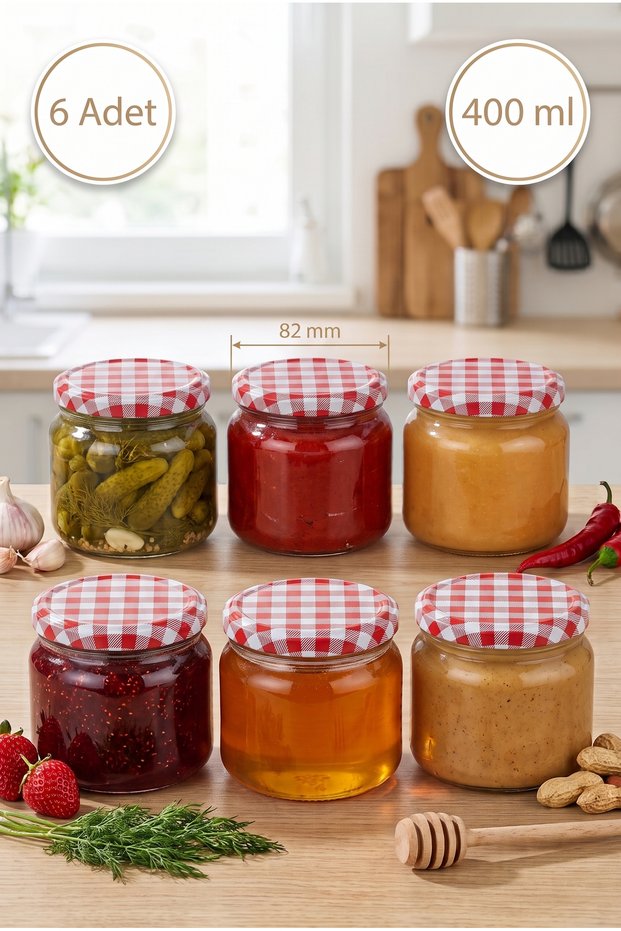 6-Piece Multi-Purpose 400 Cc Flat-Bottom Metal-Lidded Glass Jar Set for Canning, Jams, Chocolate, Honey, Sauces, and Spices, 400 Ml.