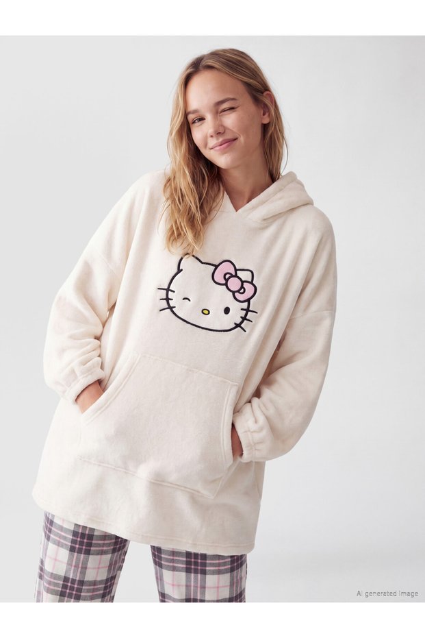 Esvab • Modern & Elegant Women's Plush Pajama Top with Hello Kitty Embroidery