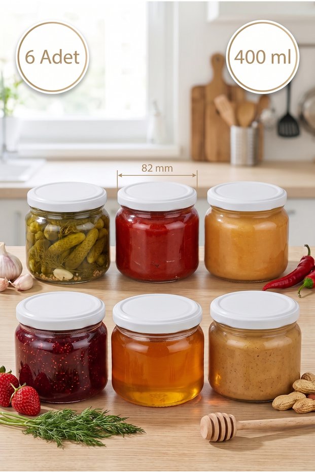 6-Piece Multi-Purpose 400 Cc Flat-Bottom Metal-Lidded Glass Jar Set for Canning, Jams, Chocolate, Honey, Sauces, and Spices, 400 Ml.