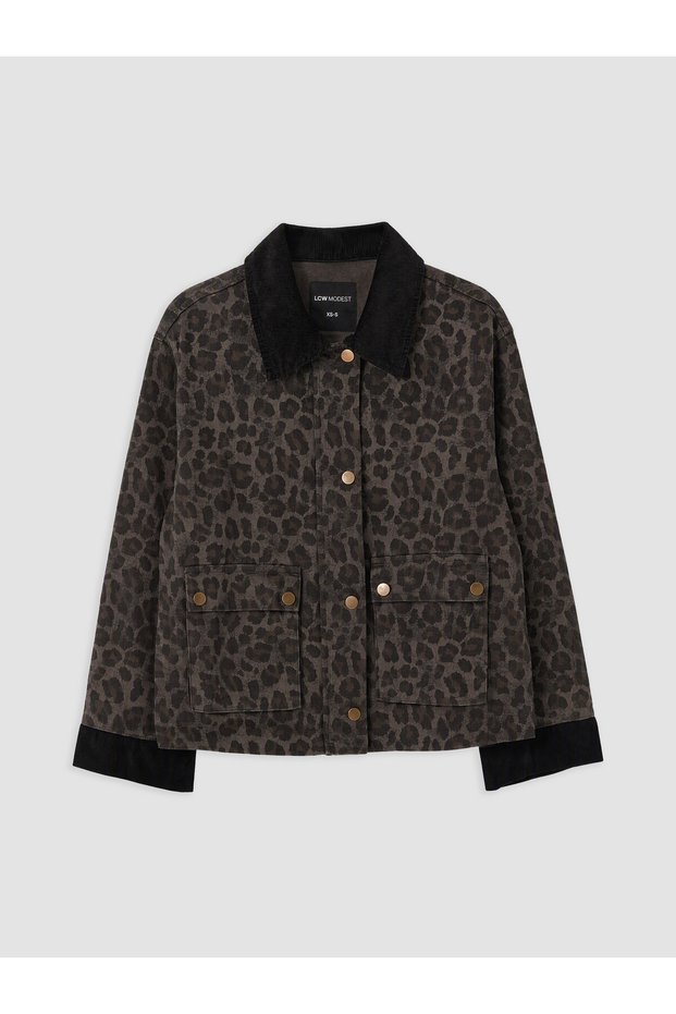Khaki Velvet Collar Leopard Patterned Women's Jean Jacket