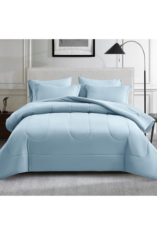 Full Comforter Set 7 Pieces Bed in a Bag Blue Bed Set