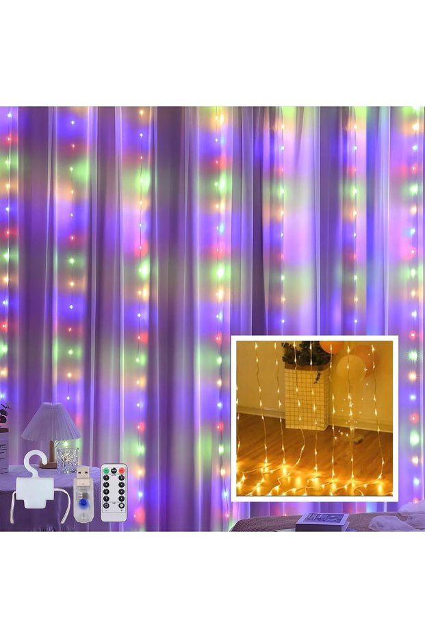 3 * 3 سلاسل إضاءة ستائرية 300 LED ملونة بـ 8 أوضاع، سلاسل ستائرية بسلك ناعم مع جهاز تحكم عن بعد ومؤقت، تعمل بـ USB