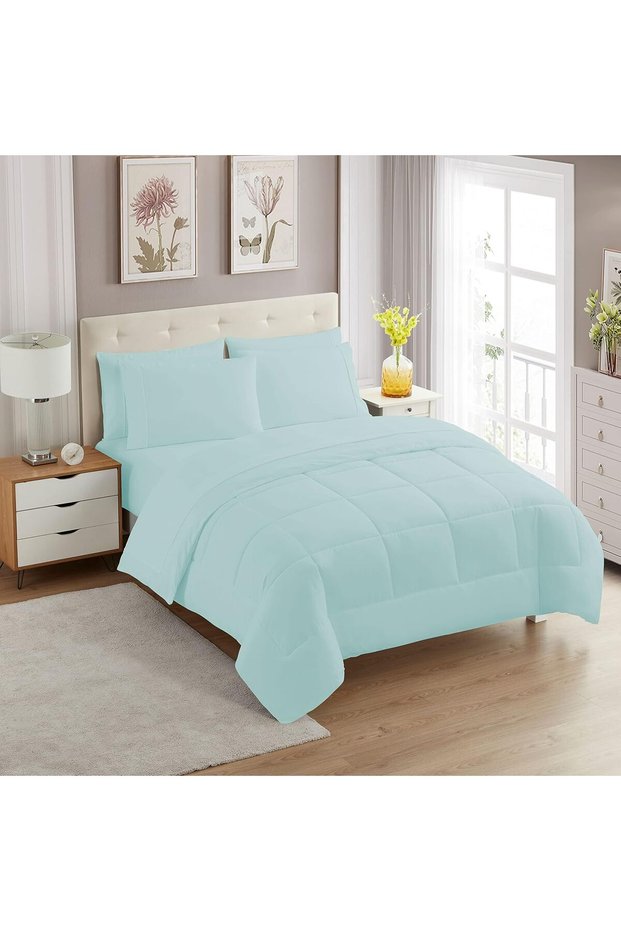 7 Piece Bed-In-A-Bag Solid Color Comforter & Sheet Set, King, Aqua