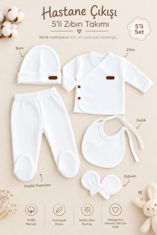 Baby Boy and Girl Natural 5-Piece Hospital Outfit Set.
