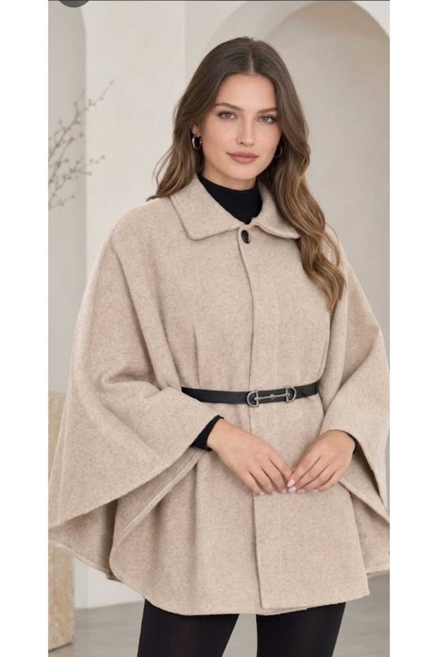 Standard Size Premium Milk Coffee Color Buttoned Belted Cashmere Cape Poncho /Blackbonds