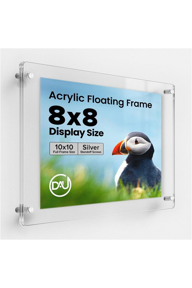8" x 8" Clear Acrylic Wall Mount Floating Frameless Picture Frame Double Panel Plexiglass Display wi