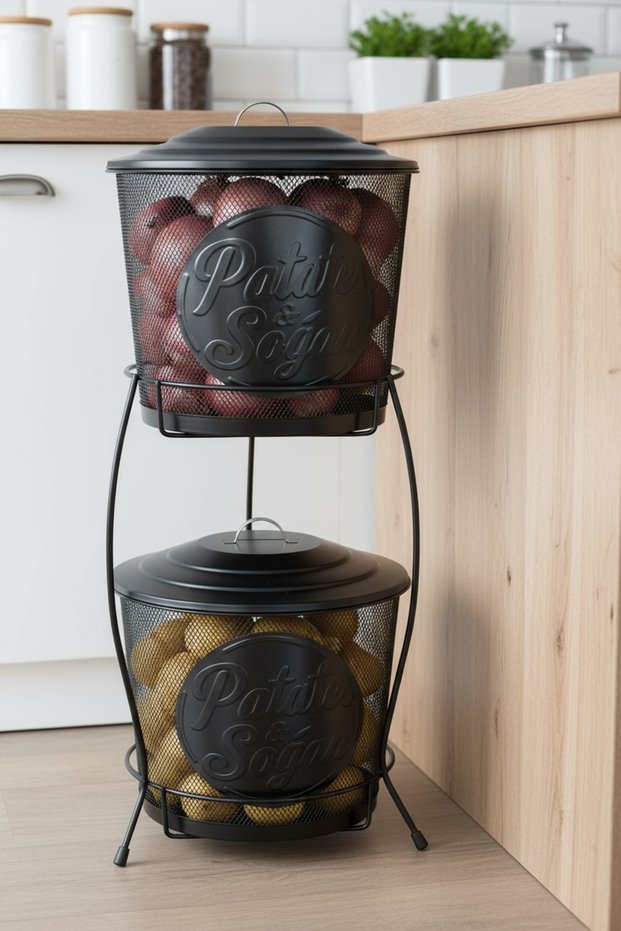 2-Tier Metal Potato and Onion Storage - Vegetable Rack - Potato and Onion Basket - Black