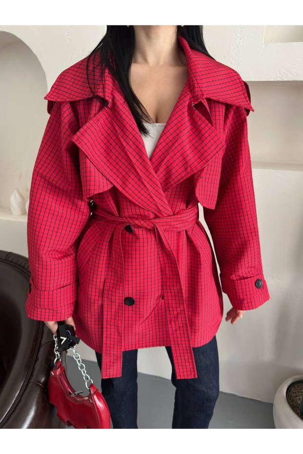Windbreaker Detailed Buttoned Mid-Length Belted Plaid Trench Coat