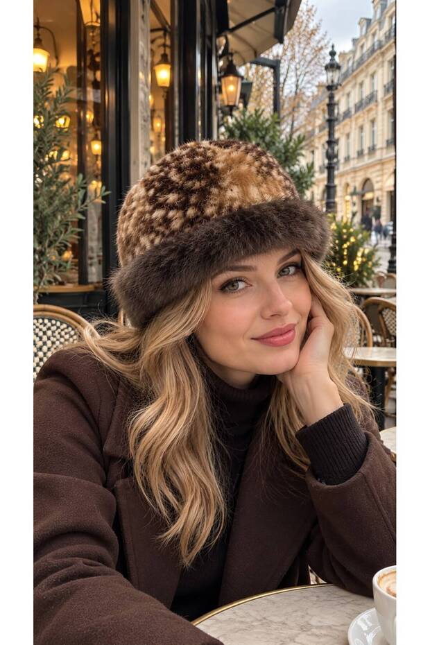 Coffee-Colored, Bambi-Patterned, Soft-Textured Plush Cap, Women's Hat.