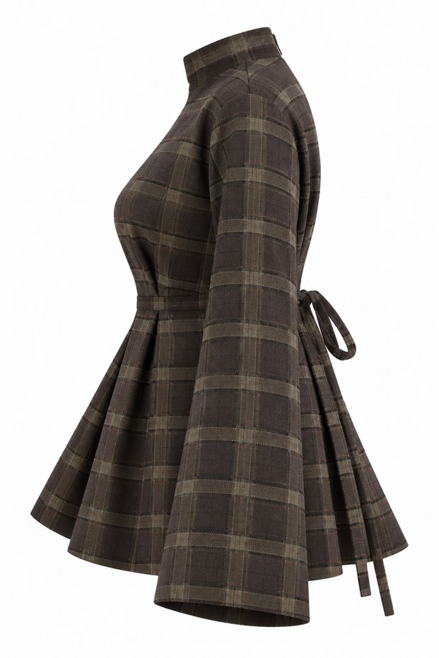 Judge-Collar Plaid Lumberjack Shirt with Front Slit - Khaki