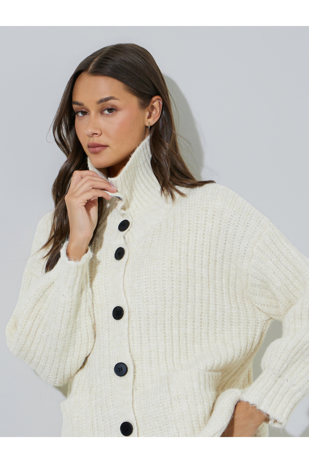 Off White High Neck Button-Up Ribbed Cardigan
