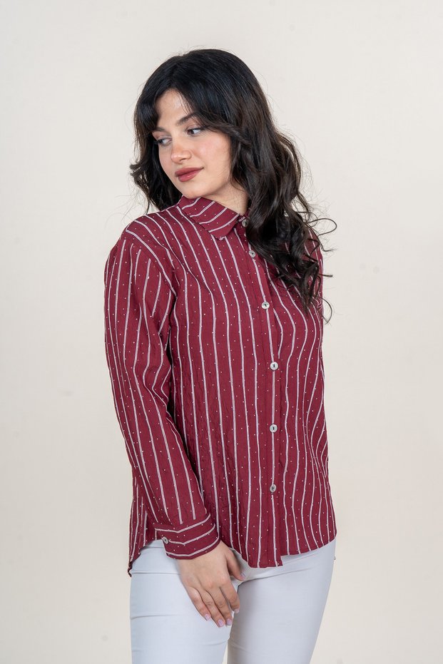 Women's Winter Burgundy Shirt with Stone Print and Burgundy Stripes 10097