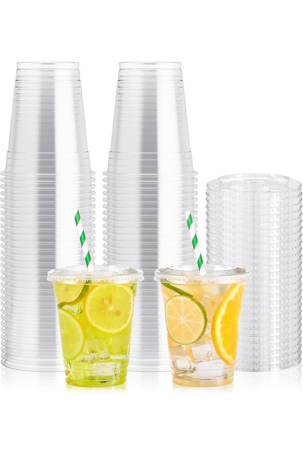 100 Pack 12 oz Clear Plastic Cups with Flat Slotted Lids