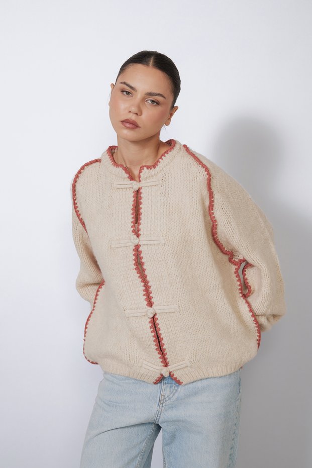 Oversized Knitted Cardigan with Contrast Stitching and Button Details