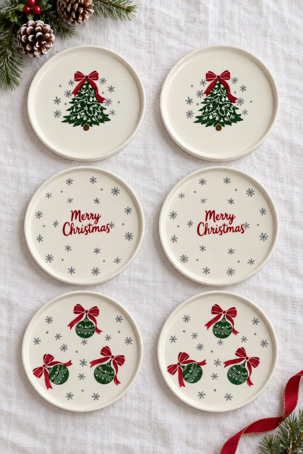 Merry Christmas 6-Piece 20 cm Stackable Ceramic Cake, Dessert, and Serving Plate Set