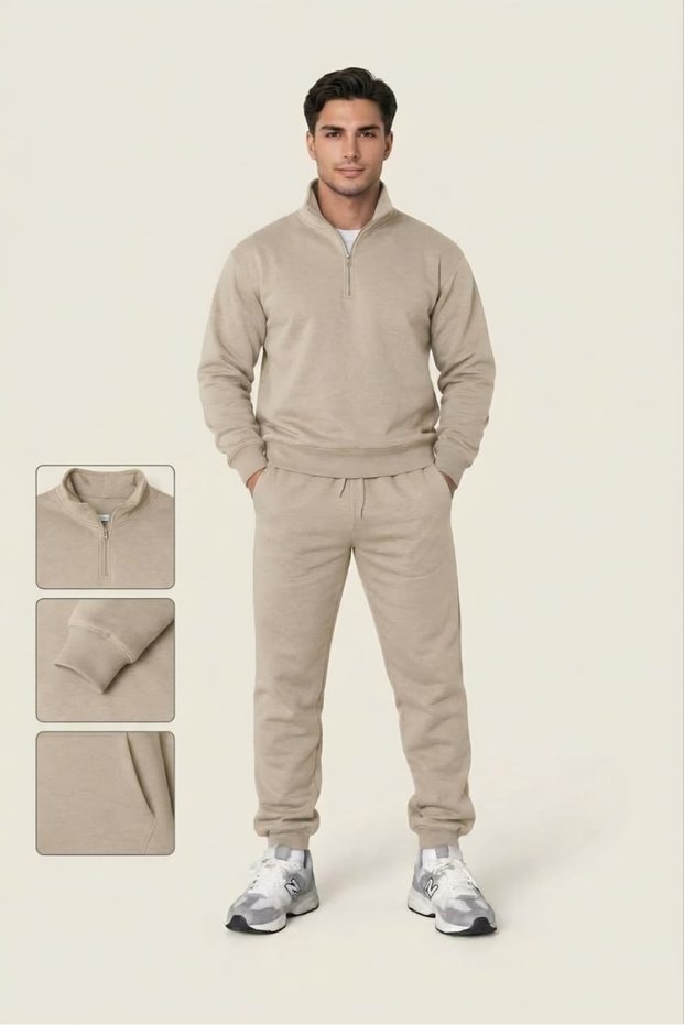 Men's Fleece-Lined Zippered Stand-Up Collar Top and Bottom Tracksuit Set, Comfortable Fit.