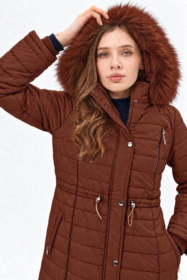 Diamond Patterned Faux Fur Anorak Coat, DARK BROWN 27308