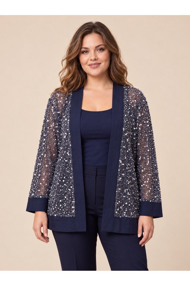 Elegant Women's Mesh and Sequin-Embellished Oversized Chic Evening Cardigan in Plus Sizes