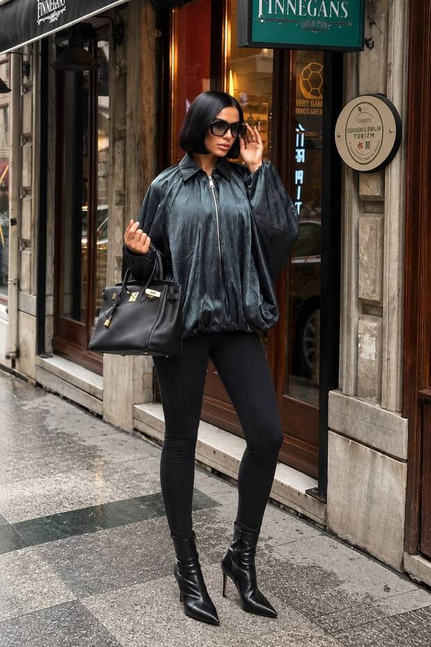 Textured Satin Oversized Teal Women's Zipper Basic Balloon Jacket
