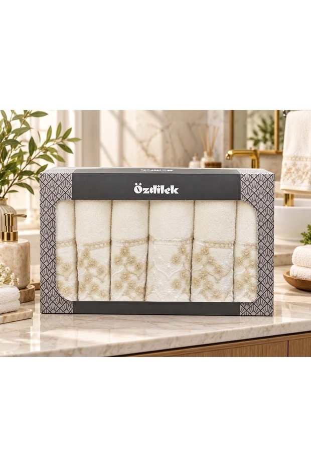 Guipure Lace - Beyza Cream v1 - 6-Piece Boxed Towel Set (50x90)