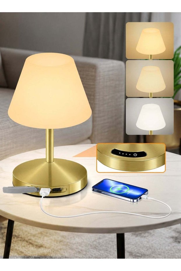 مصباح طاولة LED بتحكم باللمس – قابل لإعادة الشحن وبدون سلك مع إضاءة قابلة للتعتيم بثلاثة ألوان وتعديل تدريجي