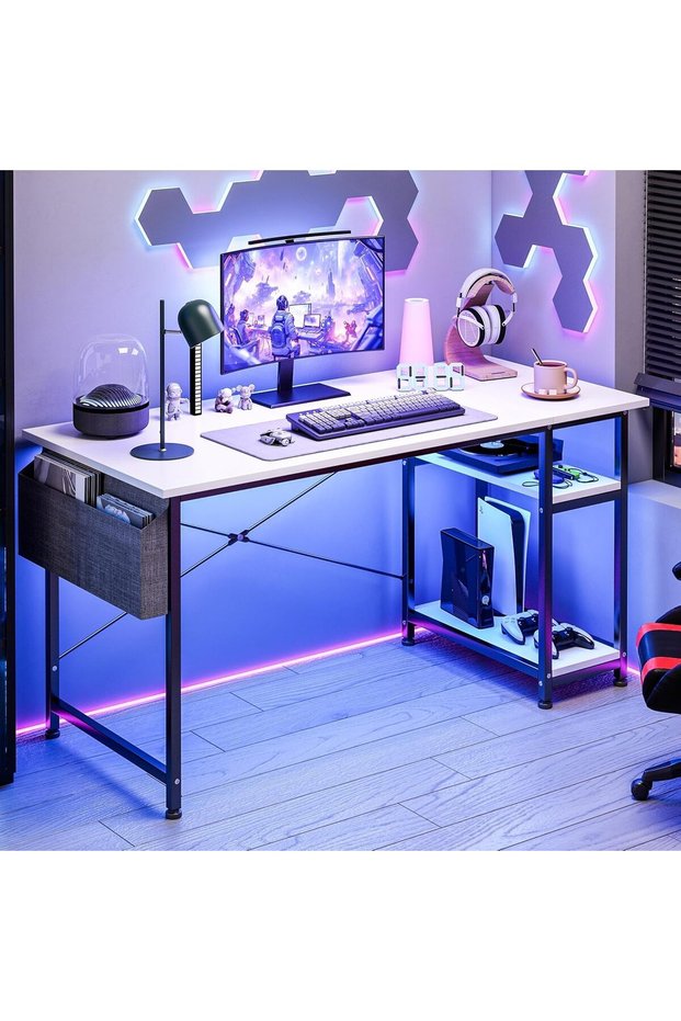 Gaming Computer Desk With Storage Bag, Large Office Table with 2 Storage Shelves, Study Workstation