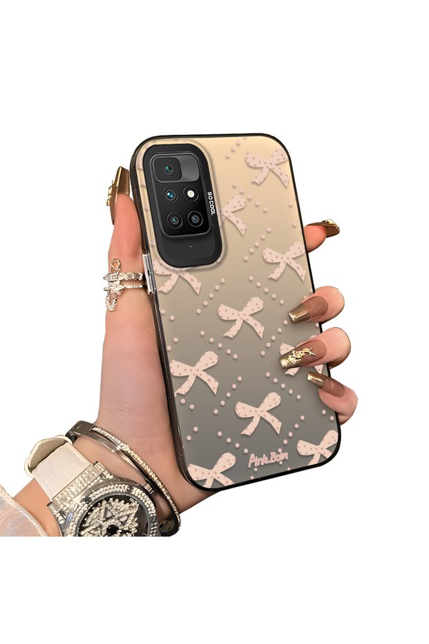 Redmi 10 2022 Compatible Silicone Edge-to-Edge Hard Back Case with Bow Tie Pattern—Cute Couple Phone Case
