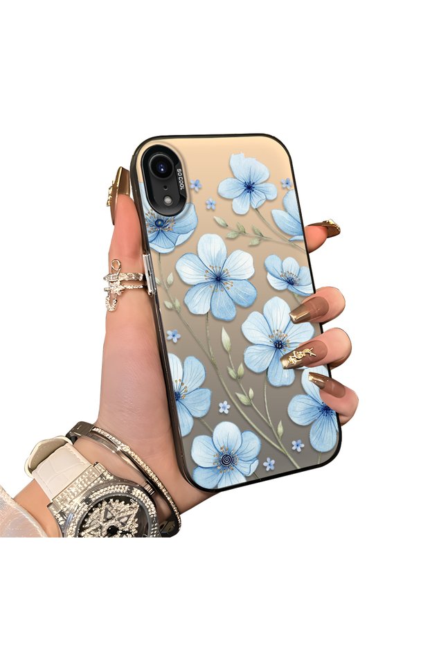 iPhone XR-Compatible Silicone Hard-Edge Back Case with Floral Print—Romantic Couple Phone Case
