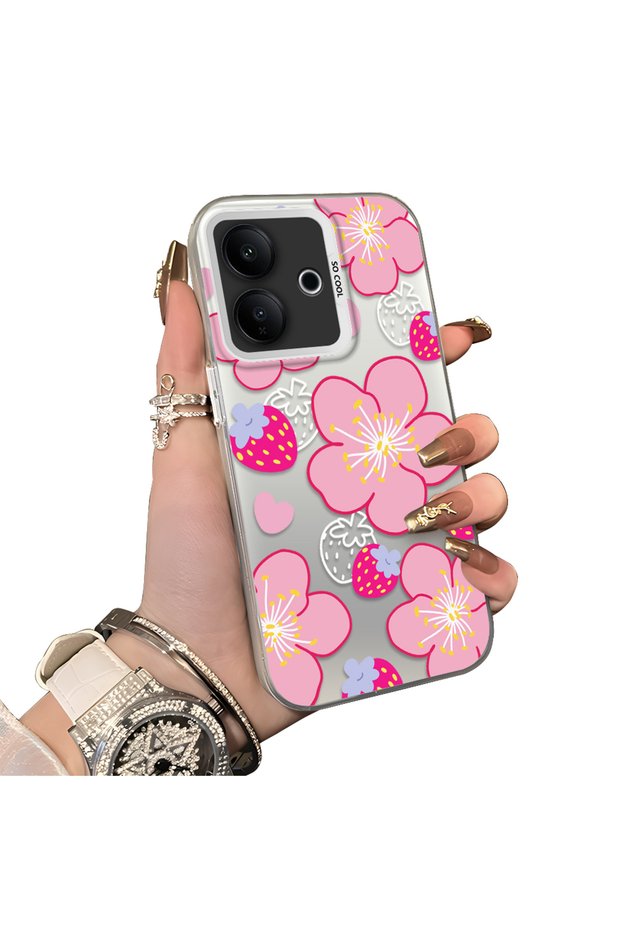 Vivo V60 Lite 5G-Compatible Silicone Hard-Edge Back Case with Strawberry Pattern—Romantic Couple Phone Case