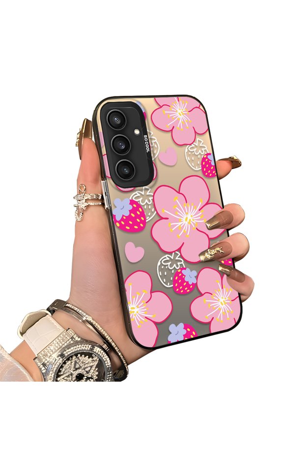 Samsung Galaxy S23 Fe Compatible Silicone Hard-Edge Back Case with Strawberry Pattern—Romantic Couple Phone Case