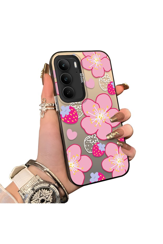 Realme C75 Compatible Silicone Hard-Edge Back Case with Strawberry Pattern—Romantic Couple Phone Case