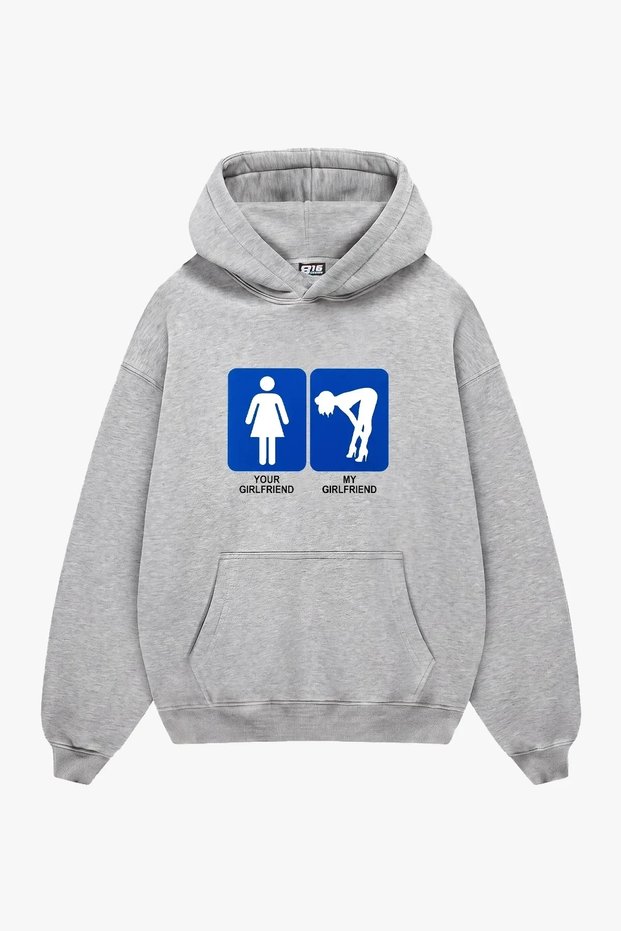 My Girlfriend Printed Oversized Unisex Light Grey Hoodie