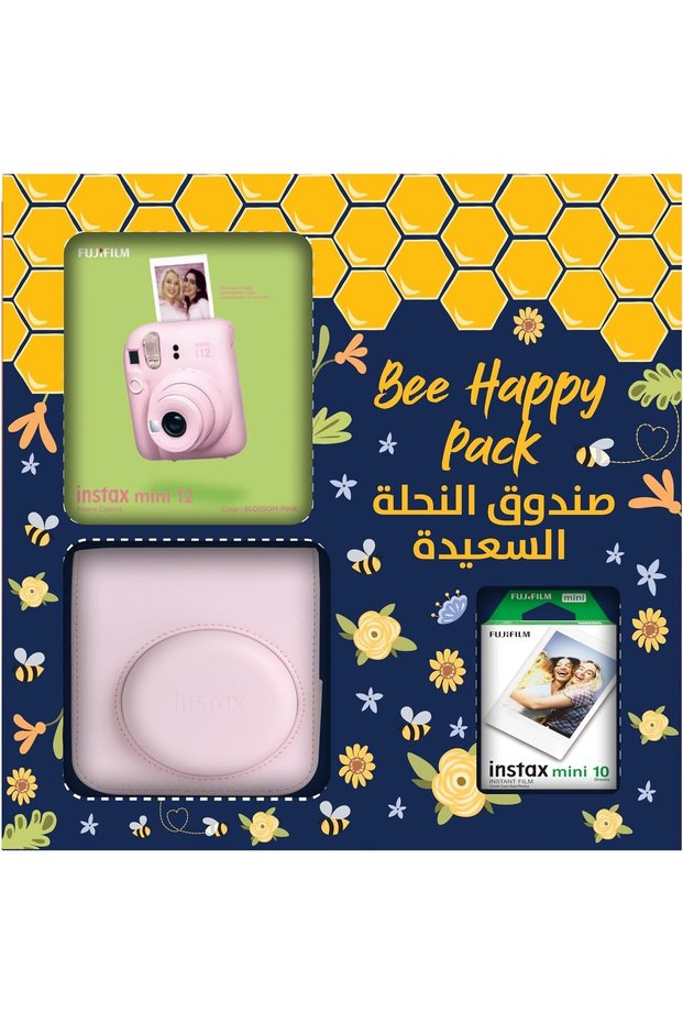 مجموعة Instax Mini 12 Bee Happy – لون وردي زهري (نسخة المملكة العربية السعودية، ضمان سنتين) – تتضمن (كاميرا + ملحقات)