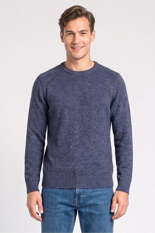 Men Crew Neck Long Sleeve Knitted Sweater, Slate Blue