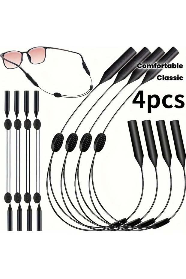 4pcs 4pcs Classic Multifunctional Anti Lost Glasses Strap, Simple Black Adjustable Fashionable Glass