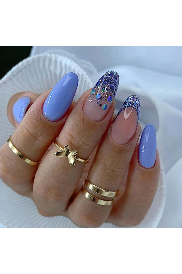 W366 24pcs Almond Head False Nails Blue Gradient Design Fake Nails Art Full Coverage Waterproof Remo