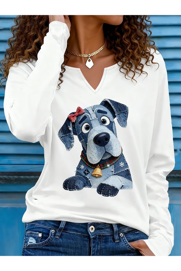 Printed Cotton-Stretch Fabric Half-V-Neck Long-Sleeve Blouse