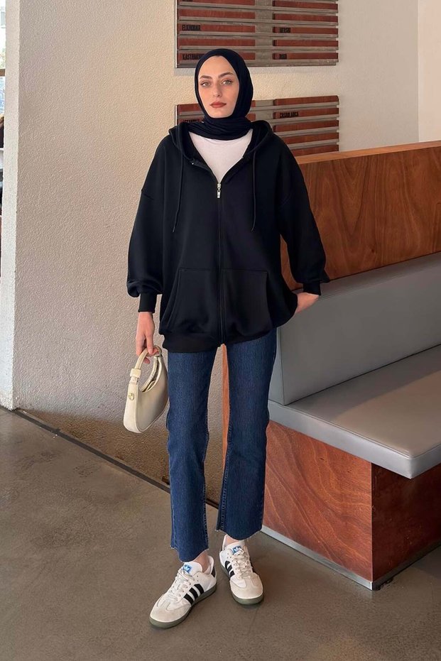 Navy Blue Hooded Zip-Up Sweatshirt Cardigan