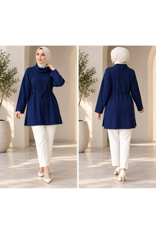 Women's Modest Drapey-Collar Set with Soft-Corded Fabric Pants, Navy Blue