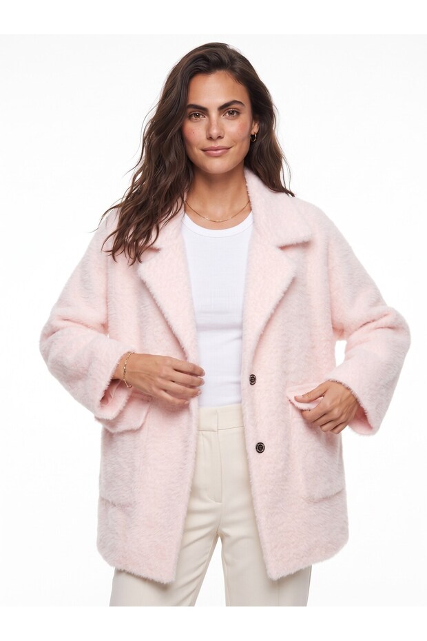 Pink Plush Jacket with Two Pockets, Oversized, Drop Shoulder
