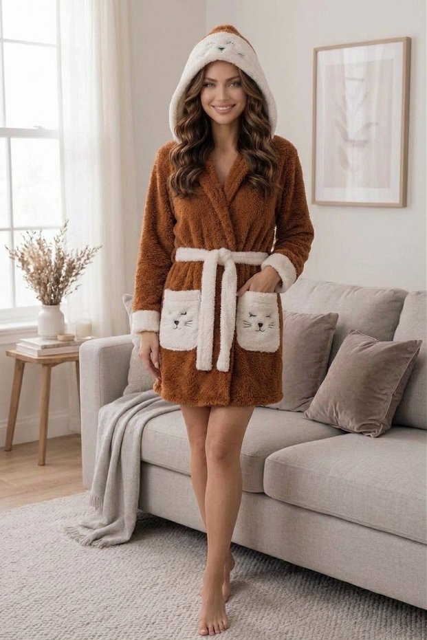 Brown Welsoft Fleece Hooded Plush Robe with Embroidered Cat Design, 1 Piece, Double-Pocketed, Ultra-Soft