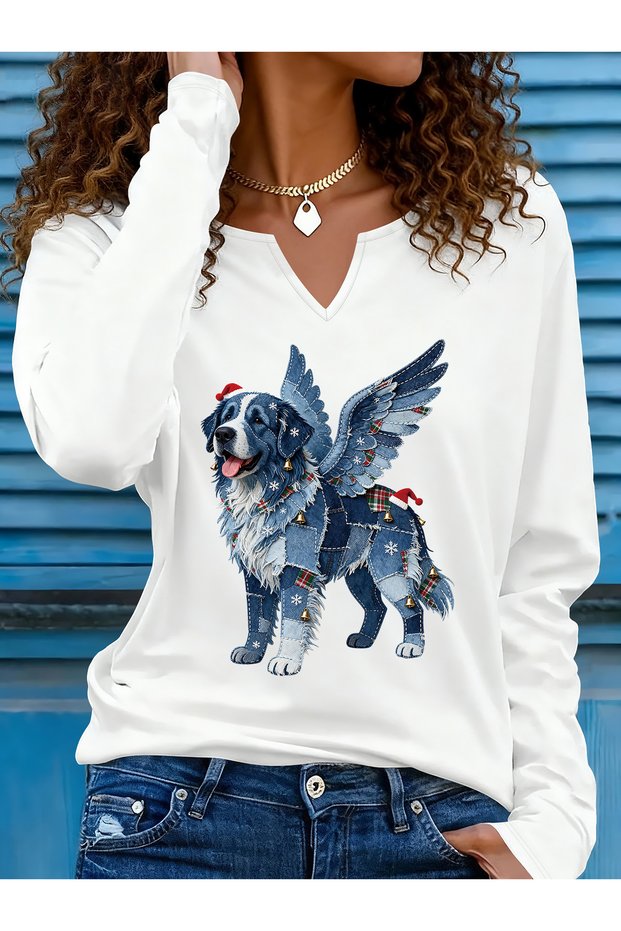 Printed Cotton-Stretch Fabric Half-V-Neck Long-Sleeve Blouse