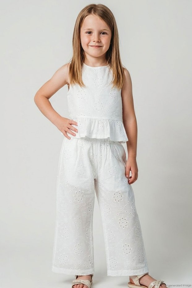 Girls' Pantsuit with Eyelet Embroidery Details, Ages 4–8, Ecru