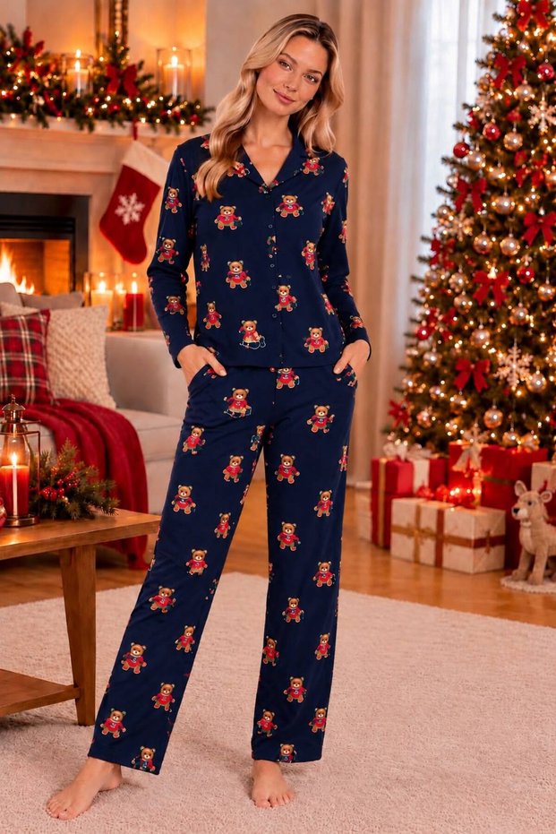 Women's 100% Cotton Pajama Set with Shirt Collar, Includes a Free Pair of Socks, New Year's/Christmas