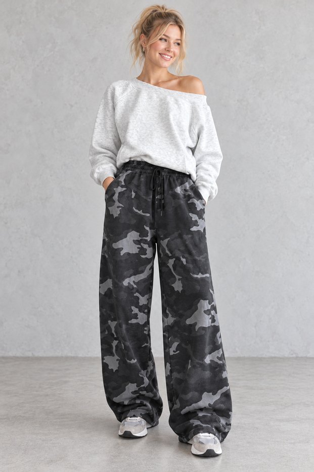 Women's Camouflage Print Oversized Knit Pants with Adjustable Legs