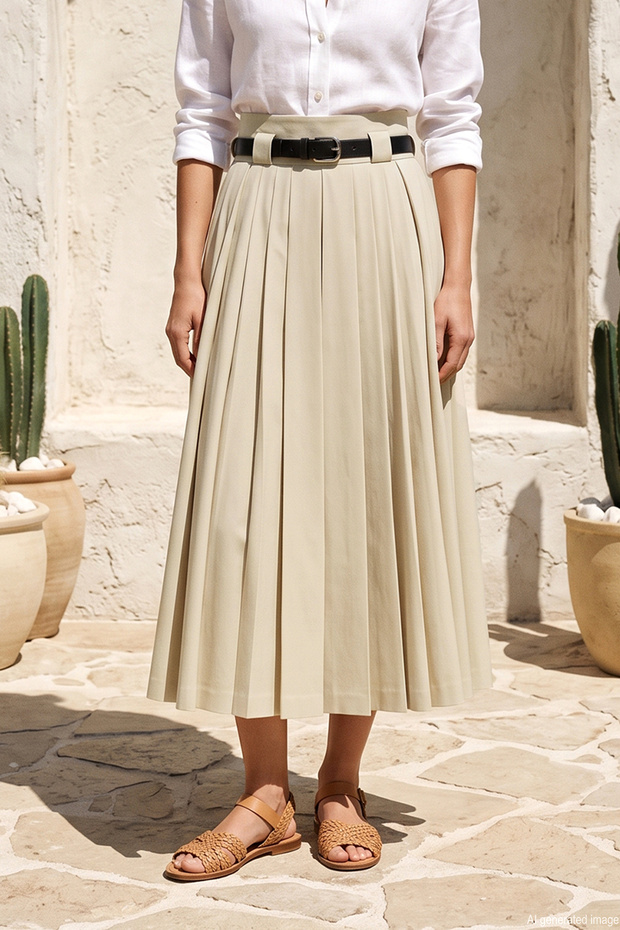 Pleated Skirt with Partial Belt Detail 420169 Khaki