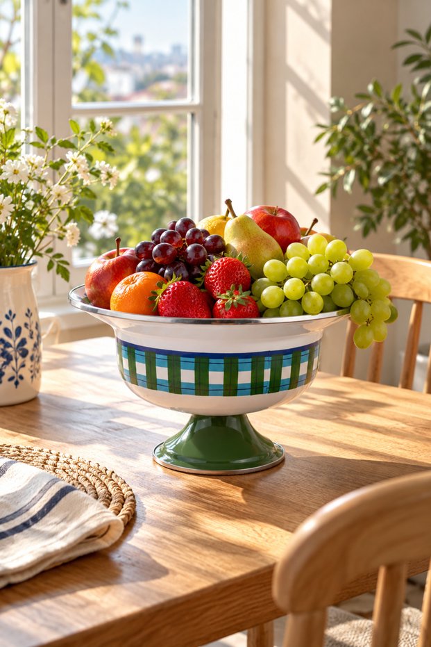Harmony Enameled Fruit Bowl with Stand, Large Size