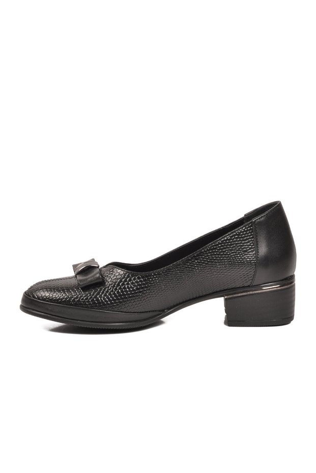 Black Genuine Leather Women's Classic Heeled Shoes with Bow Detail 2312540K