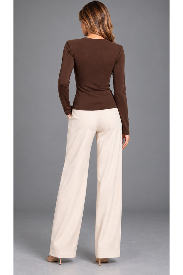 Long-Sleeved T-Shirt with Padded Shoulders and Coffee-Colored Patches